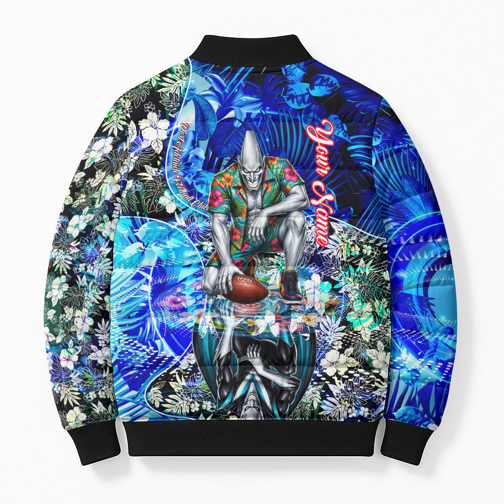 Personalized Port Adelaide Football Power Bomber Puffer Jacket Tropical Hibiscus Flowers - Pacific Fusion Style
