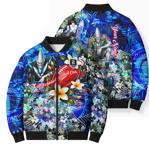Personalized Port Adelaide Football Power Bomber Puffer Jacket Tropical Hibiscus Flowers - Pacific Fusion Style