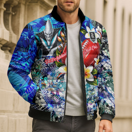 Personalized Port Adelaide Football Power Bomber Puffer Jacket Tropical Hibiscus Flowers - Pacific Fusion Style