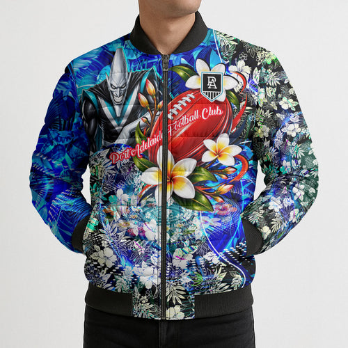 Personalized Port Adelaide Football Power Bomber Puffer Jacket Tropical Hibiscus Flowers - Pacific Fusion Style