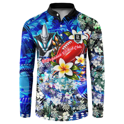 Personalized Port Adelaide Football Power Button Sweatshirt Tropical Hibiscus Flowers - Pacific Fusion Style