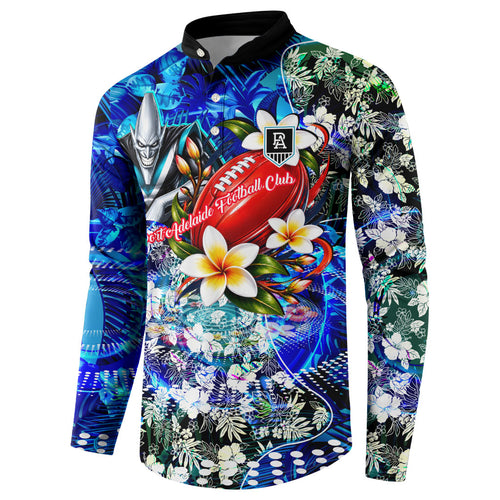 Personalized Port Adelaide Football Power Button Sweatshirt Tropical Hibiscus Flowers - Pacific Fusion Style