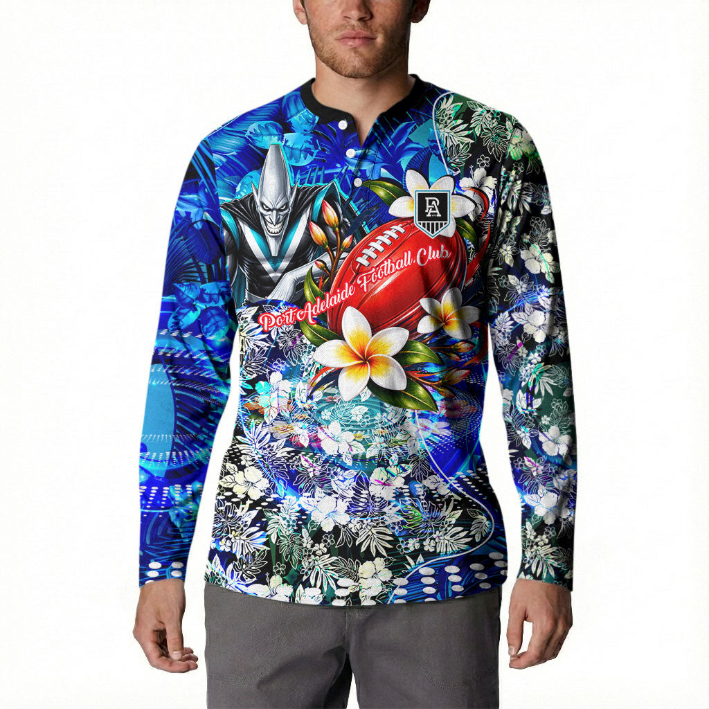Personalized Port Adelaide Football Power Button Sweatshirt Tropical Hibiscus Flowers - Pacific Fusion Style