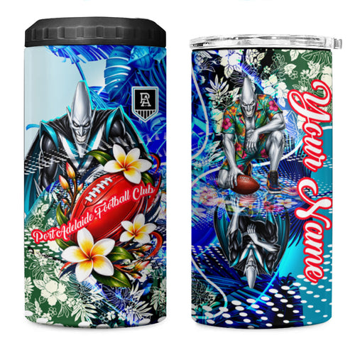 Personalized Port Adelaide Football Power 4 in 1 Can Cooler Tumbler Tropical Hibiscus Flowers - Pacific Fusion Style