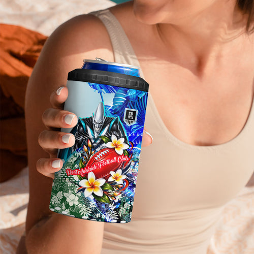 Personalized Port Adelaide Football Power 4 in 1 Can Cooler Tumbler Tropical Hibiscus Flowers - Pacific Fusion Style