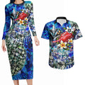 Personalized Port Adelaide Football Power Couples Matching Long Sleeve Bodycon Dress and Hawaiian Shirt Tropical Hibiscus Flowers - Pacific Fusion Style
