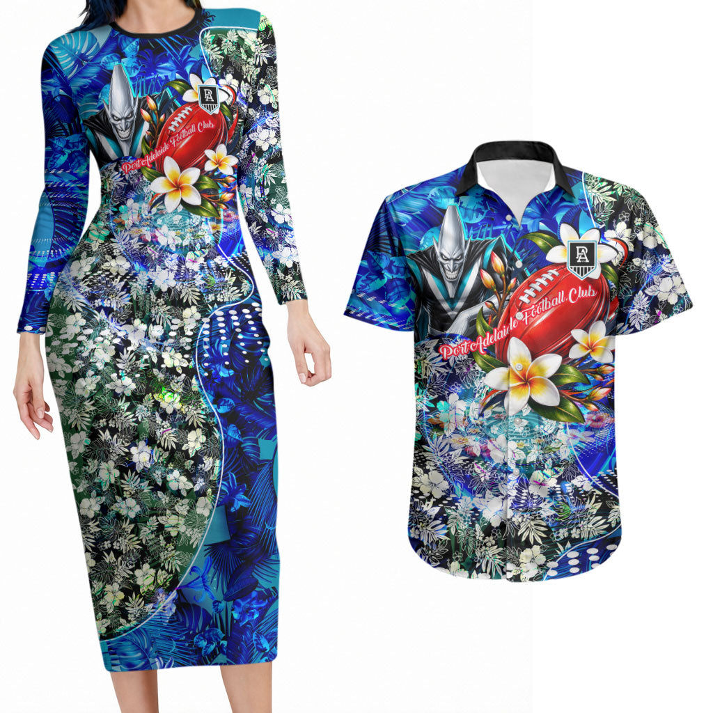 Personalized Port Adelaide Football Power Couples Matching Long Sleeve Bodycon Dress and Hawaiian Shirt Tropical Hibiscus Flowers - Pacific Fusion Style