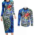 Personalized Port Adelaide Football Power Couples Matching Long Sleeve Bodycon Dress and Long Sleeve Button Shirt Tropical Hibiscus Flowers - Pacific Fusion Style