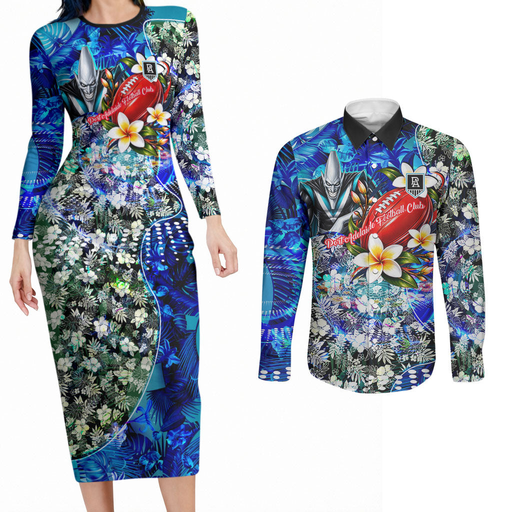 Personalized Port Adelaide Football Power Couples Matching Long Sleeve Bodycon Dress and Long Sleeve Button Shirt Tropical Hibiscus Flowers - Pacific Fusion Style