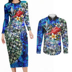Personalized Port Adelaide Football Power Couples Matching Long Sleeve Bodycon Dress and Long Sleeve Button Shirt Tropical Hibiscus Flowers - Pacific Fusion Style