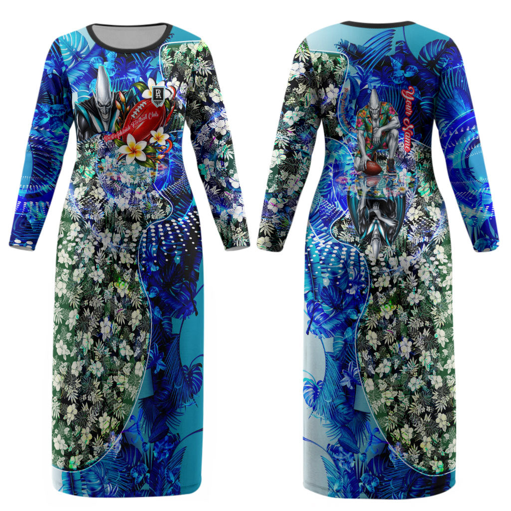 Personalized Port Adelaide Football Power Couples Matching Long Sleeve Bodycon Dress and Long Sleeve Button Shirt Tropical Hibiscus Flowers - Pacific Fusion Style