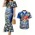 Personalized Port Adelaide Football Power Couples Matching Mermaid Dress and Hawaiian Shirt Tropical Hibiscus Flowers - Pacific Fusion Style