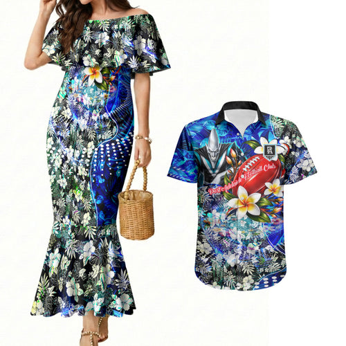 Personalized Port Adelaide Football Power Couples Matching Mermaid Dress and Hawaiian Shirt Tropical Hibiscus Flowers - Pacific Fusion Style