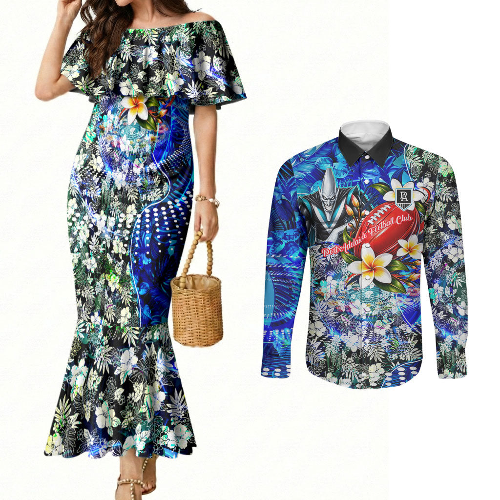 Personalized Port Adelaide Football Power Couples Matching Mermaid Dress and Long Sleeve Button Shirt Tropical Hibiscus Flowers - Pacific Fusion Style