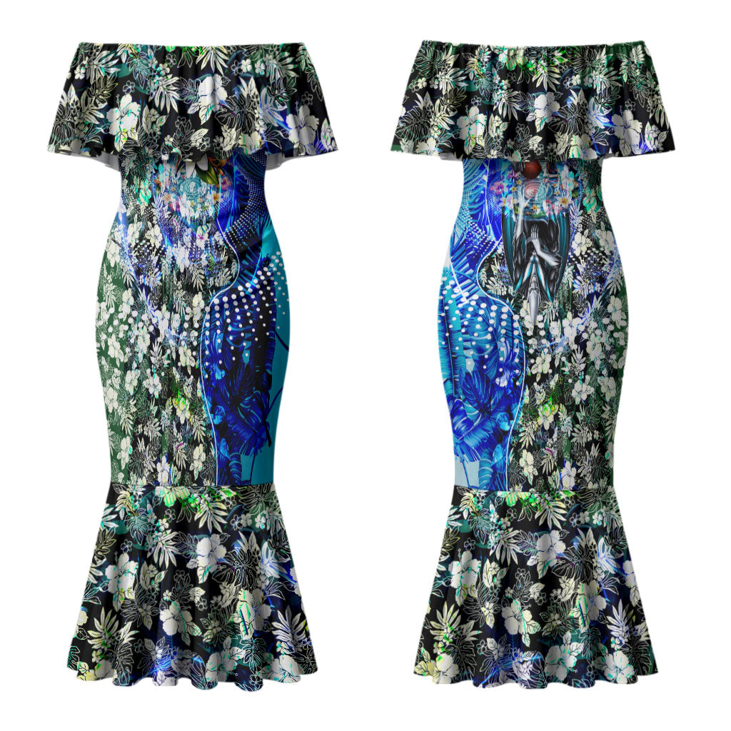 Personalized Port Adelaide Football Power Couples Matching Mermaid Dress and Long Sleeve Button Shirt Tropical Hibiscus Flowers - Pacific Fusion Style