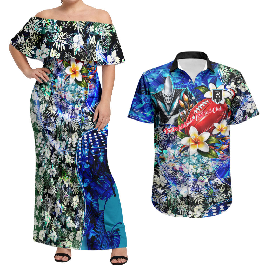 Personalized Port Adelaide Football Power Couples Matching Off Shoulder Maxi Dress and Hawaiian Shirt Tropical Hibiscus Flowers - Pacific Fusion Style