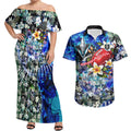 Personalized Port Adelaide Football Power Couples Matching Off Shoulder Maxi Dress and Hawaiian Shirt Tropical Hibiscus Flowers - Pacific Fusion Style
