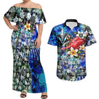 Personalized Port Adelaide Football Power Couples Matching Off Shoulder Maxi Dress and Hawaiian Shirt Tropical Hibiscus Flowers - Pacific Fusion Style