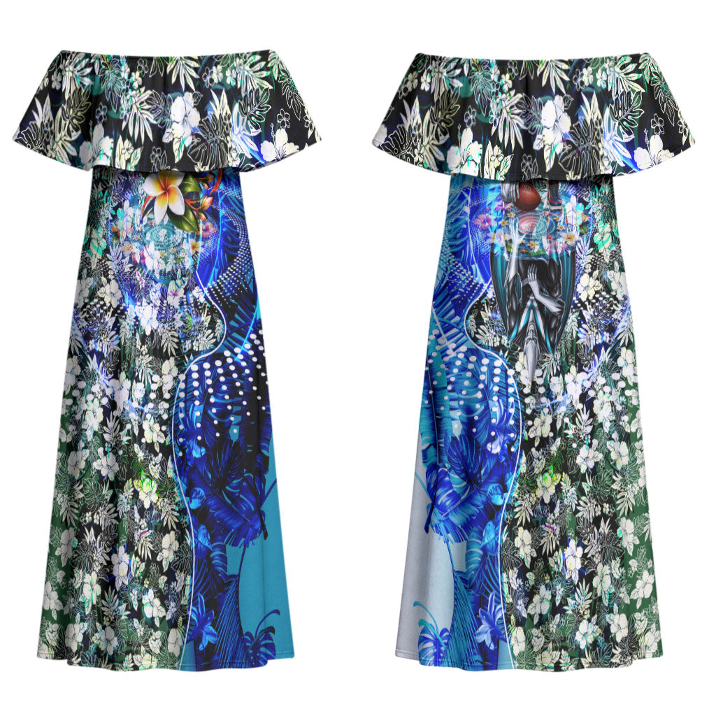 Personalized Port Adelaide Football Power Couples Matching Off Shoulder Maxi Dress and Hawaiian Shirt Tropical Hibiscus Flowers - Pacific Fusion Style