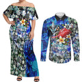 Personalized Port Adelaide Football Power Couples Matching Off Shoulder Maxi Dress and Long Sleeve Button Shirt Tropical Hibiscus Flowers - Pacific Fusion Style