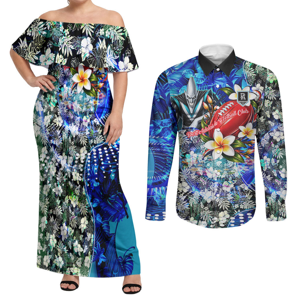 Personalized Port Adelaide Football Power Couples Matching Off Shoulder Maxi Dress and Long Sleeve Button Shirt Tropical Hibiscus Flowers - Pacific Fusion Style