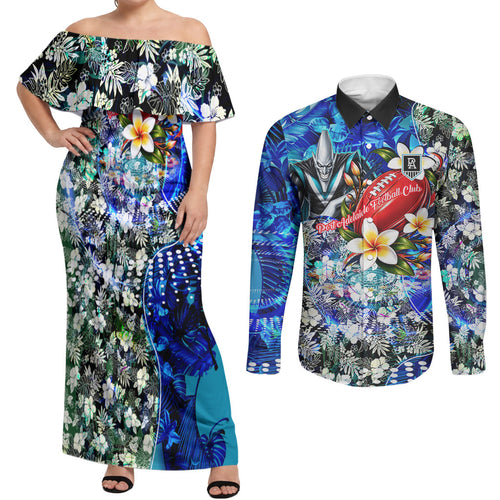 Personalized Port Adelaide Football Power Couples Matching Off Shoulder Maxi Dress and Long Sleeve Button Shirt Tropical Hibiscus Flowers - Pacific Fusion Style
