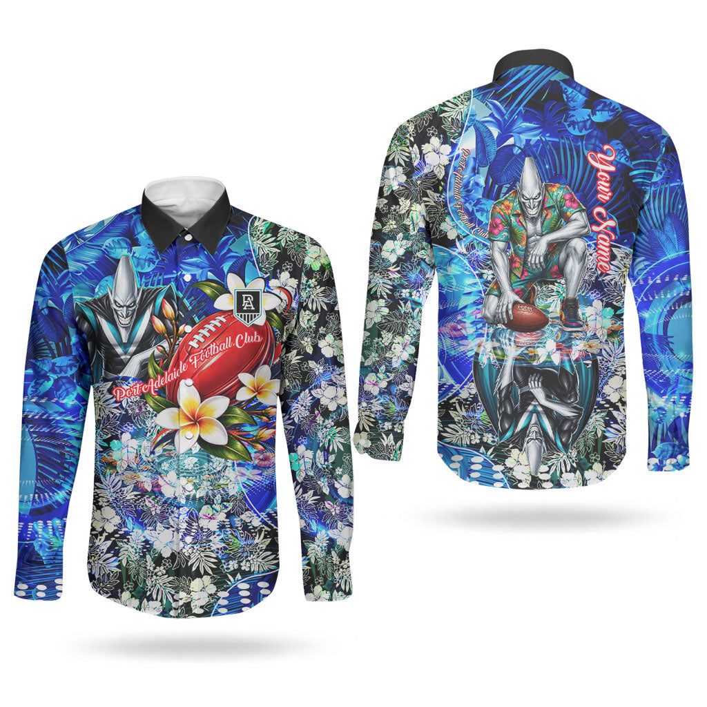 Personalized Port Adelaide Football Power Couples Matching Off Shoulder Maxi Dress and Long Sleeve Button Shirt Tropical Hibiscus Flowers - Pacific Fusion Style