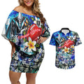 Personalized Port Adelaide Football Power Couples Matching Off Shoulder Short Dress and Hawaiian Shirt Tropical Hibiscus Flowers - Pacific Fusion Style