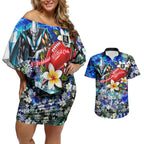 Personalized Port Adelaide Football Power Couples Matching Off Shoulder Short Dress and Hawaiian Shirt Tropical Hibiscus Flowers - Pacific Fusion Style
