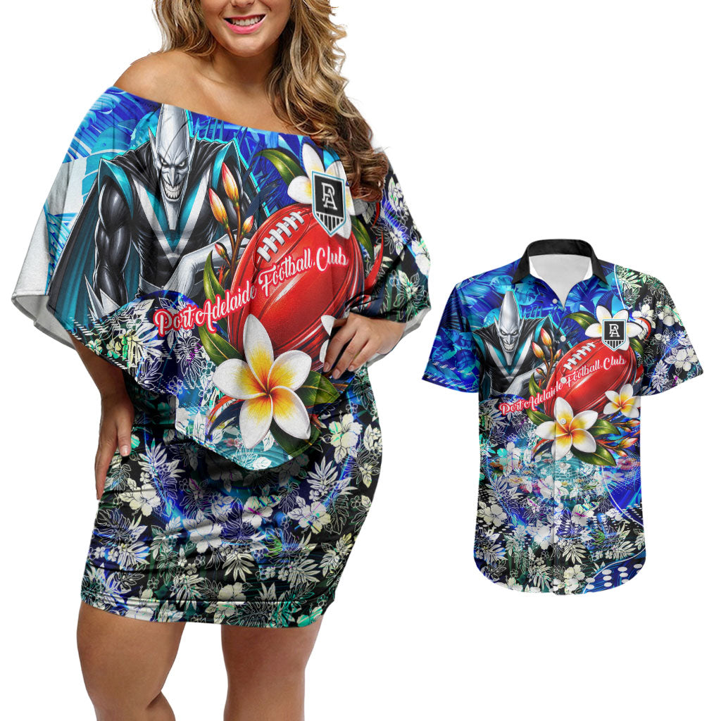 Personalized Port Adelaide Football Power Couples Matching Off Shoulder Short Dress and Hawaiian Shirt Tropical Hibiscus Flowers - Pacific Fusion Style