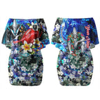 Personalized Port Adelaide Football Power Couples Matching Off Shoulder Short Dress and Hawaiian Shirt Tropical Hibiscus Flowers - Pacific Fusion Style