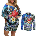 Personalized Port Adelaide Football Power Couples Matching Off Shoulder Short Dress and Long Sleeve Button Shirt Tropical Hibiscus Flowers - Pacific Fusion Style