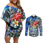 Personalized Port Adelaide Football Power Couples Matching Off Shoulder Short Dress and Long Sleeve Button Shirt Tropical Hibiscus Flowers - Pacific Fusion Style