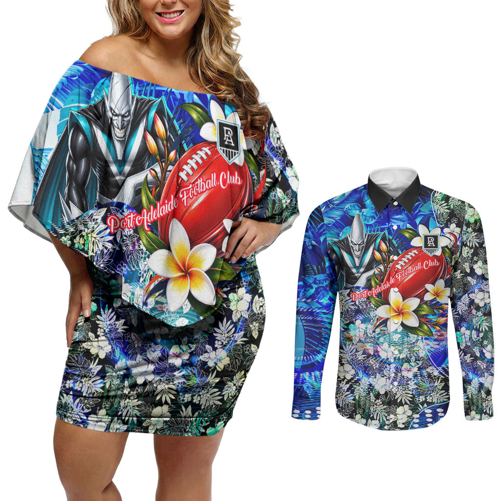 Personalized Port Adelaide Football Power Couples Matching Off Shoulder Short Dress and Long Sleeve Button Shirt Tropical Hibiscus Flowers - Pacific Fusion Style