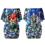 Personalized Port Adelaide Football Power Couples Matching Off Shoulder Short Dress and Long Sleeve Button Shirt Tropical Hibiscus Flowers - Pacific Fusion Style