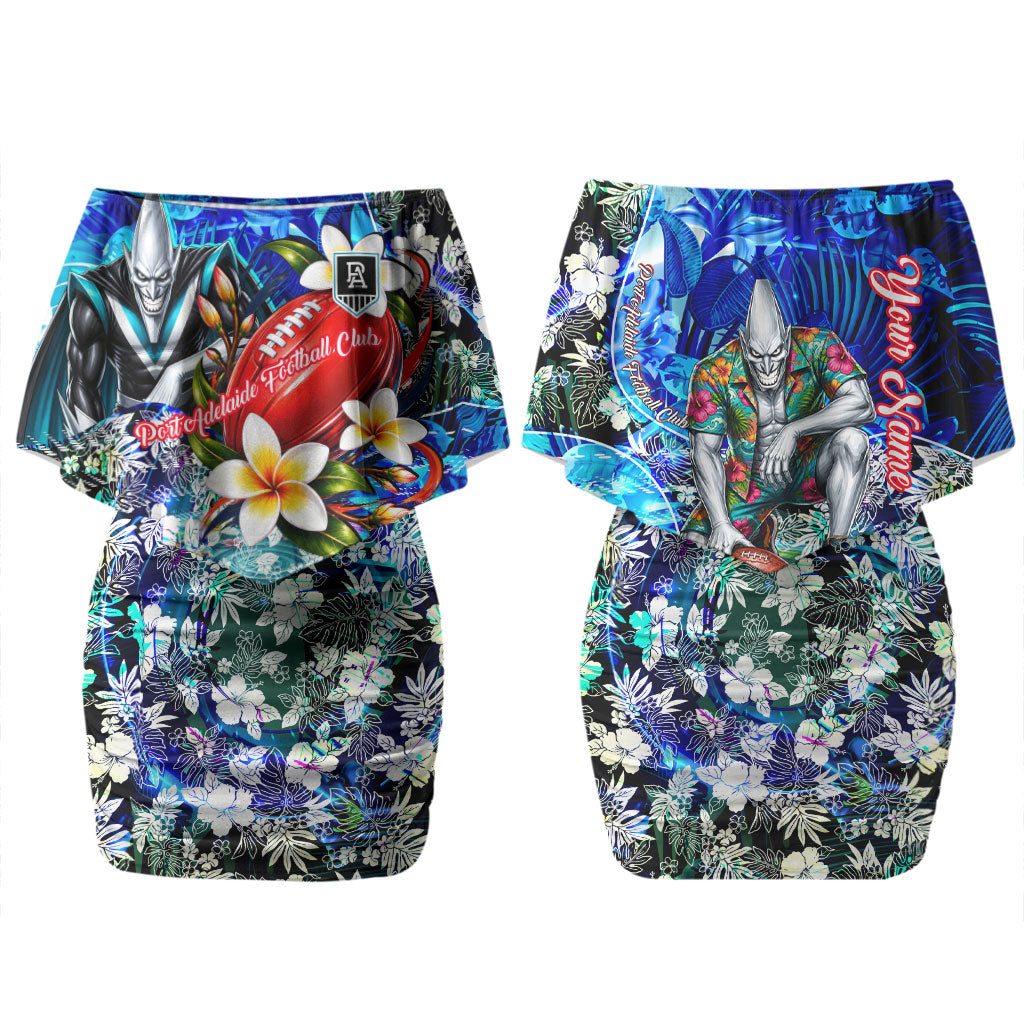 Personalized Port Adelaide Football Power Couples Matching Off Shoulder Short Dress and Long Sleeve Button Shirt Tropical Hibiscus Flowers - Pacific Fusion Style