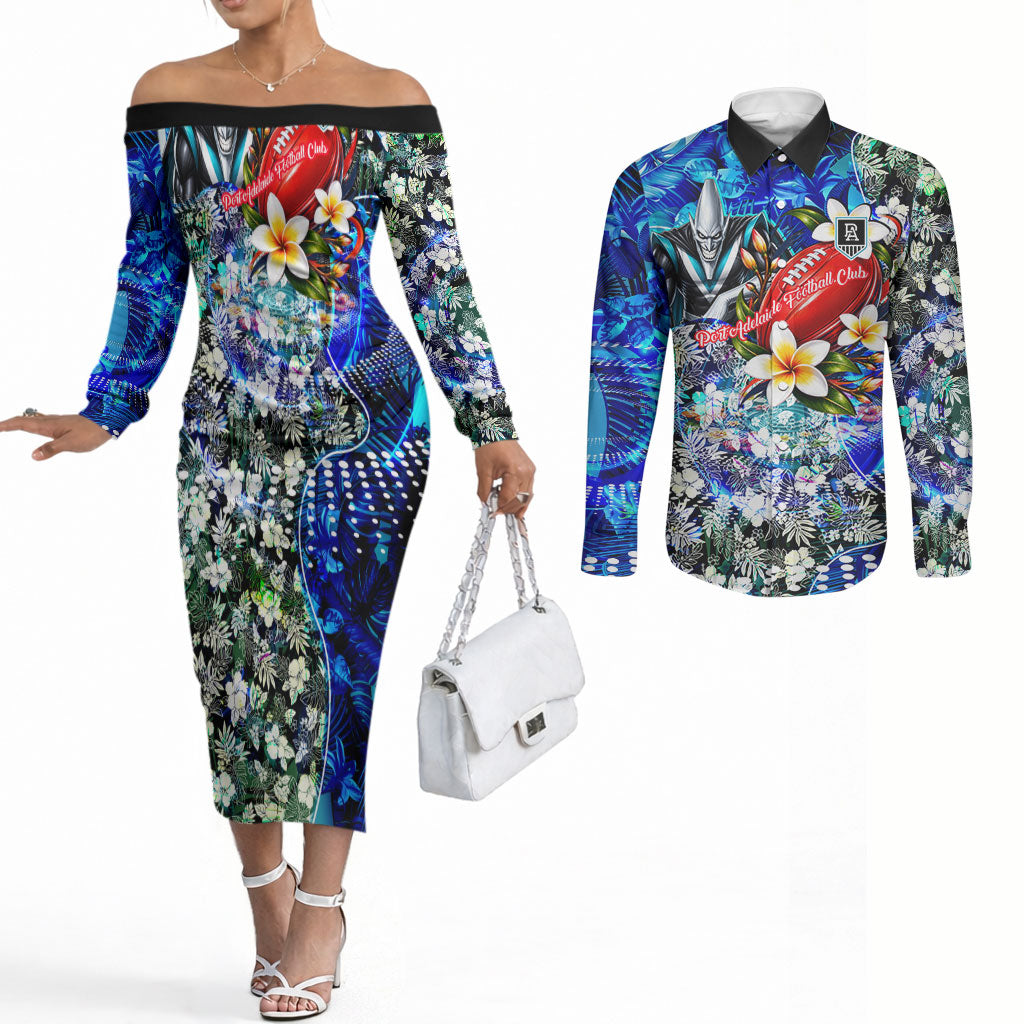 Personalized Port Adelaide Football Power Couples Matching Off The Shoulder Long Sleeve Dress and Long Sleeve Button Shirt Tropical Hibiscus Flowers - Pacific Fusion Style
