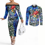 Personalized Port Adelaide Football Power Couples Matching Off The Shoulder Long Sleeve Dress and Long Sleeve Button Shirt Tropical Hibiscus Flowers - Pacific Fusion Style