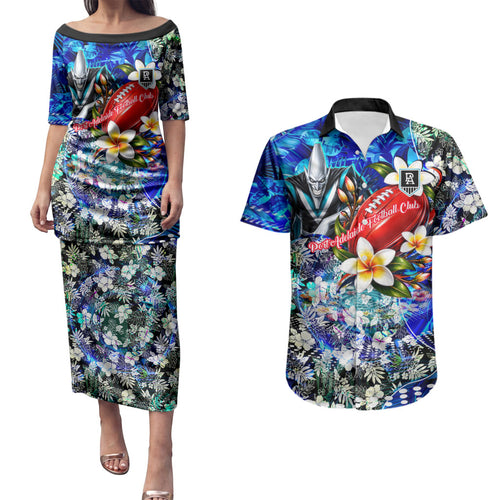 Personalized Port Adelaide Football Power Couples Matching Puletasi and Hawaiian Shirt Tropical Hibiscus Flowers - Pacific Fusion Style