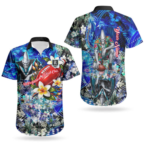 Personalized Port Adelaide Football Power Couples Matching Puletasi and Hawaiian Shirt Tropical Hibiscus Flowers - Pacific Fusion Style