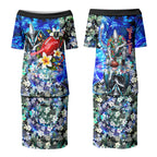 Personalized Port Adelaide Football Power Couples Matching Puletasi and Hawaiian Shirt Tropical Hibiscus Flowers - Pacific Fusion Style