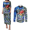 Personalized Port Adelaide Football Power Couples Matching Puletasi and Long Sleeve Button Shirt Tropical Hibiscus Flowers - Pacific Fusion Style
