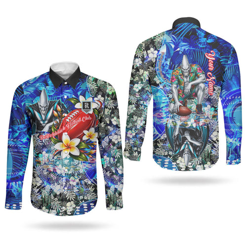 Personalized Port Adelaide Football Power Couples Matching Puletasi and Long Sleeve Button Shirt Tropical Hibiscus Flowers - Pacific Fusion Style