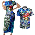 Personalized Port Adelaide Football Power Couples Matching Short Sleeve Bodycon Dress and Hawaiian Shirt Tropical Hibiscus Flowers - Pacific Fusion Style