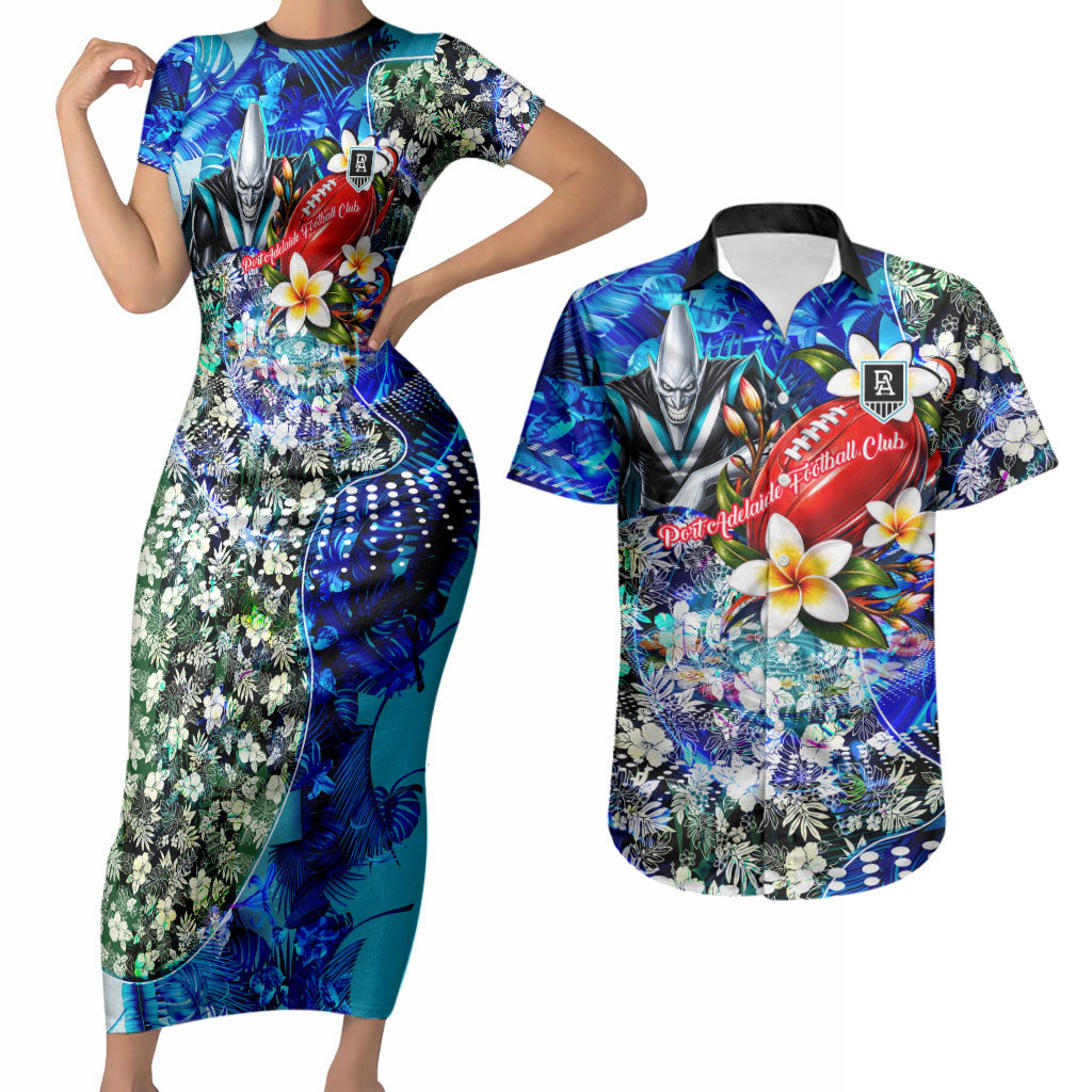 Personalized Port Adelaide Football Power Couples Matching Short Sleeve Bodycon Dress and Hawaiian Shirt Tropical Hibiscus Flowers - Pacific Fusion Style