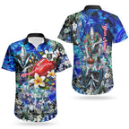 Personalized Port Adelaide Football Power Couples Matching Short Sleeve Bodycon Dress and Hawaiian Shirt Tropical Hibiscus Flowers - Pacific Fusion Style