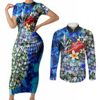 Personalized Port Adelaide Football Power Couples Matching Short Sleeve Bodycon Dress and Long Sleeve Button Shirt Tropical Hibiscus Flowers - Pacific Fusion Style