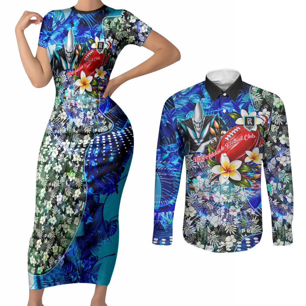 Personalized Port Adelaide Football Power Couples Matching Short Sleeve Bodycon Dress and Long Sleeve Button Shirt Tropical Hibiscus Flowers - Pacific Fusion Style