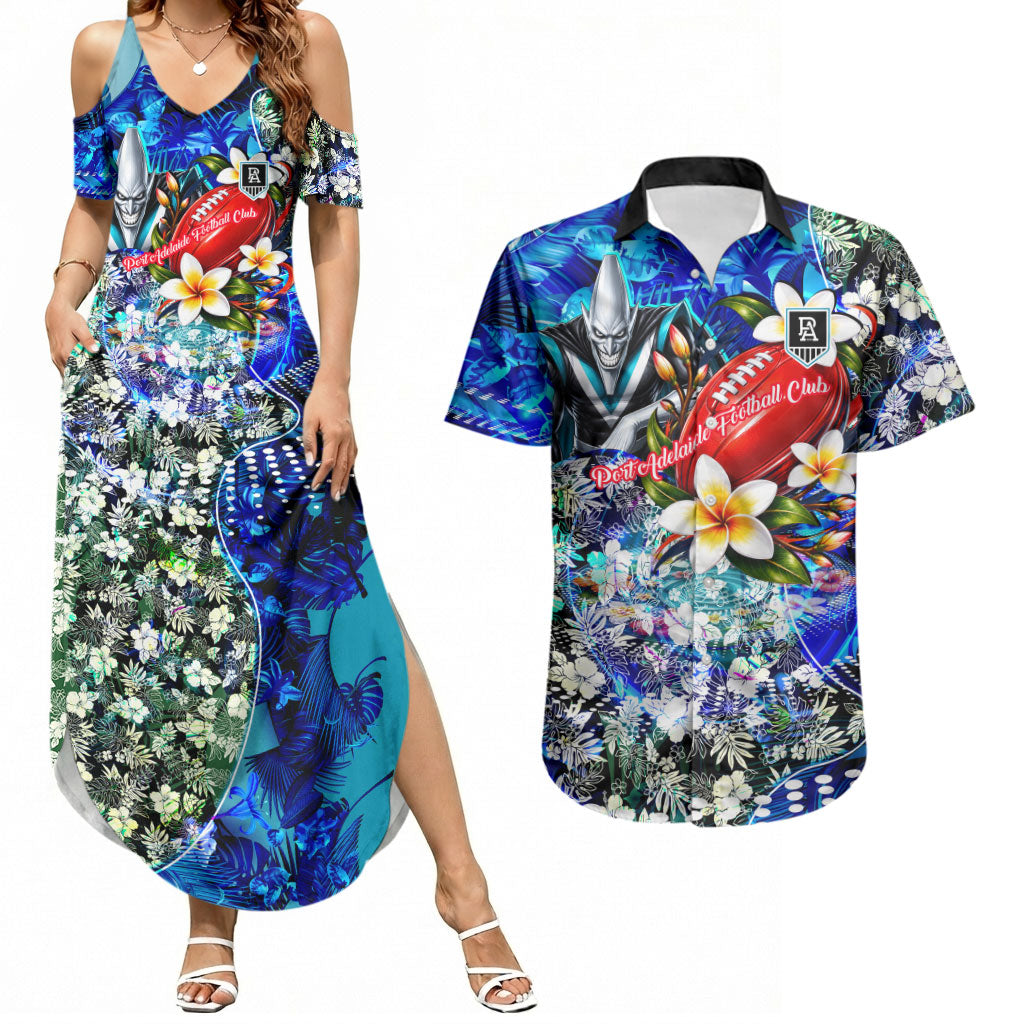 Personalized Port Adelaide Football Power Couples Matching Summer Maxi Dress and Hawaiian Shirt Tropical Hibiscus Flowers - Pacific Fusion Style