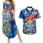 Personalized Port Adelaide Football Power Couples Matching Summer Maxi Dress and Hawaiian Shirt Tropical Hibiscus Flowers - Pacific Fusion Style